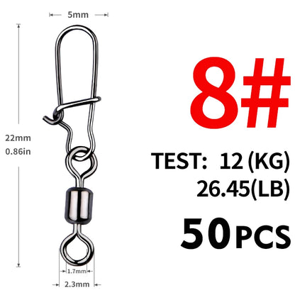 MEREDITH 50PCS Pike Fishing Accessories Connector Pin Bearing Rolling Swivel Stainless Steel Snap Fishhook Lure Swivels Tackle