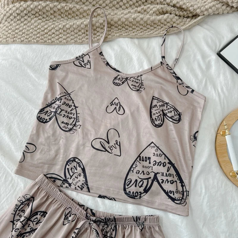 Women's Floral Print Pajama Set Spaghetti Strap V Neck Shorts Sleepwear Summer Breathable Loungewear Multi Print Casual Homewear