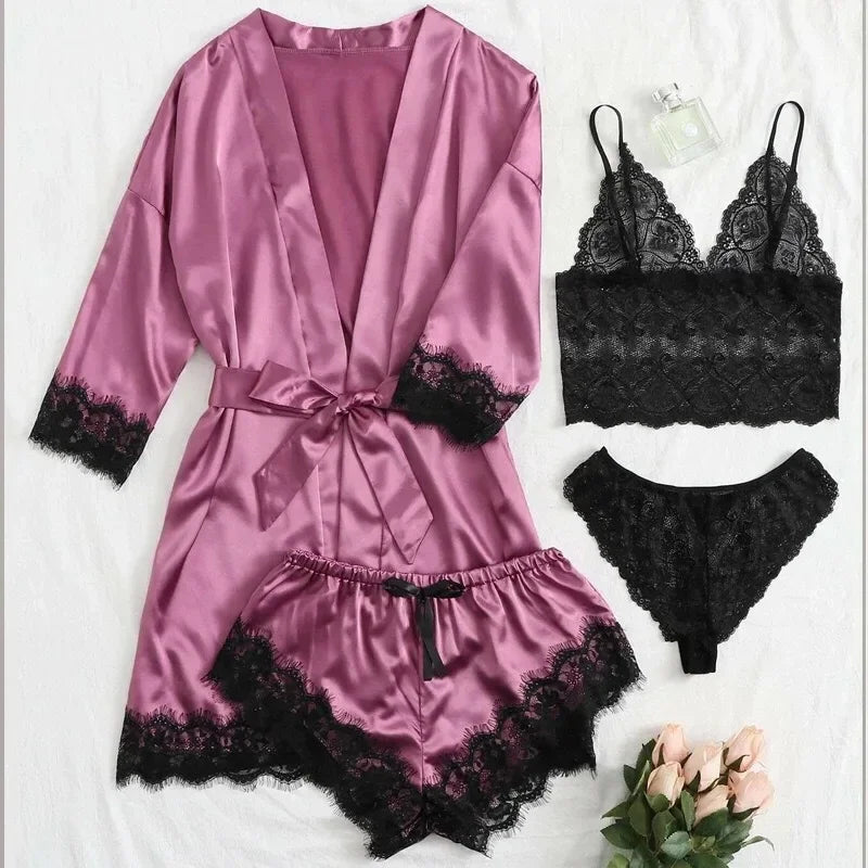 Pyjamasset dam med satinkänsla och spets – sex färger, S–2XL