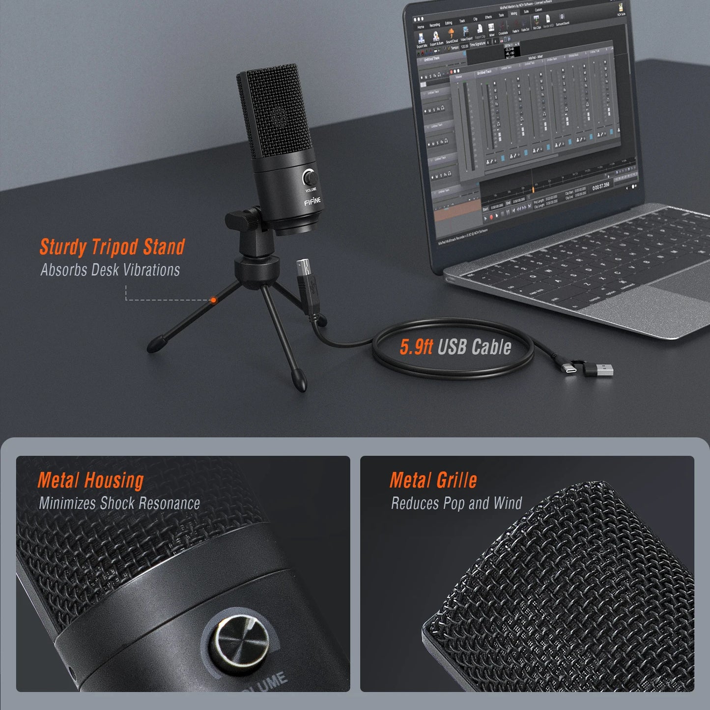 FIFINE Metal USB Condenser Microphone with Gain Knob,Newly Upgraded Detachable Dual-Joint Recording Mic for Laptop/PC-K669