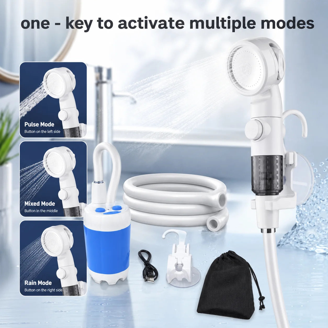 Portabel Campingdusch – Elektrisk Pump 4000mAh, Digital Display, Slang & Krok, Blå