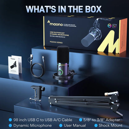 MAONO PD200X XLR/USB Dynamic Microphone for Gaming Recording Streaming Youtube Metal Mic with Software Tap-to-Mute Gain Knob