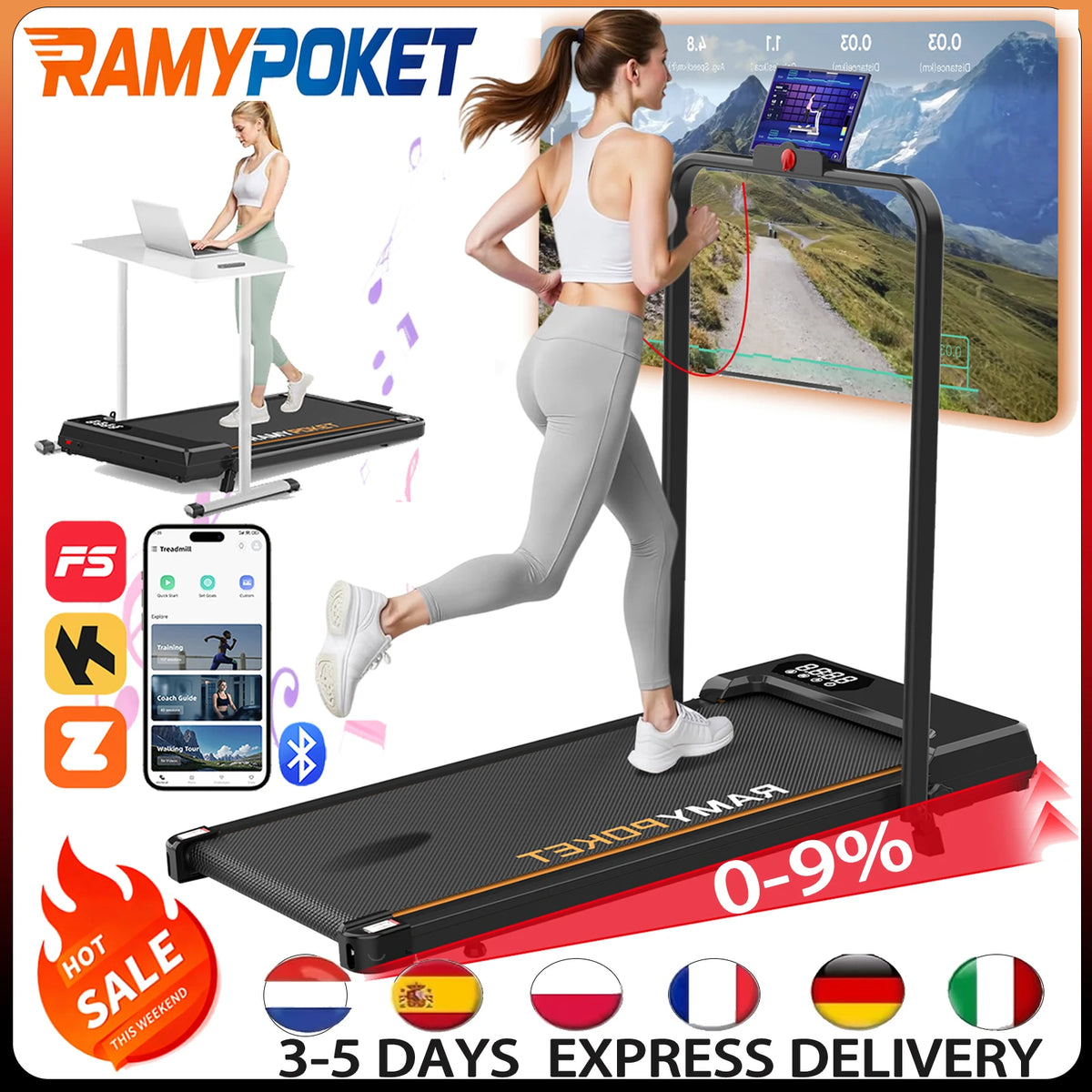 RAMYPOKET Walking Pad Foldable With Incline 9% , 2.5HP 1-10km/h Walking Pad With APP&LED, Max 150kg Treadmill For Home & Office