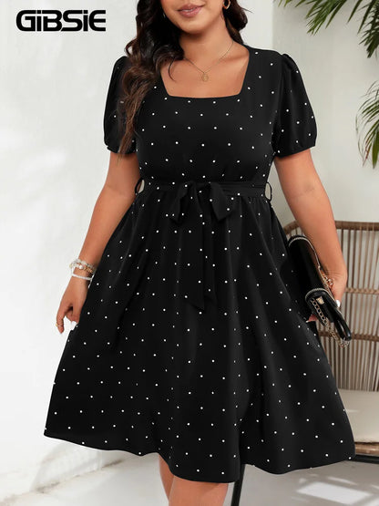 GIBSIE Plus Size Square Neck Polka Dot Belted Dress Women's Elegant Retro Puff Sleeve High Waist Summer A-line Big Swing Dresses