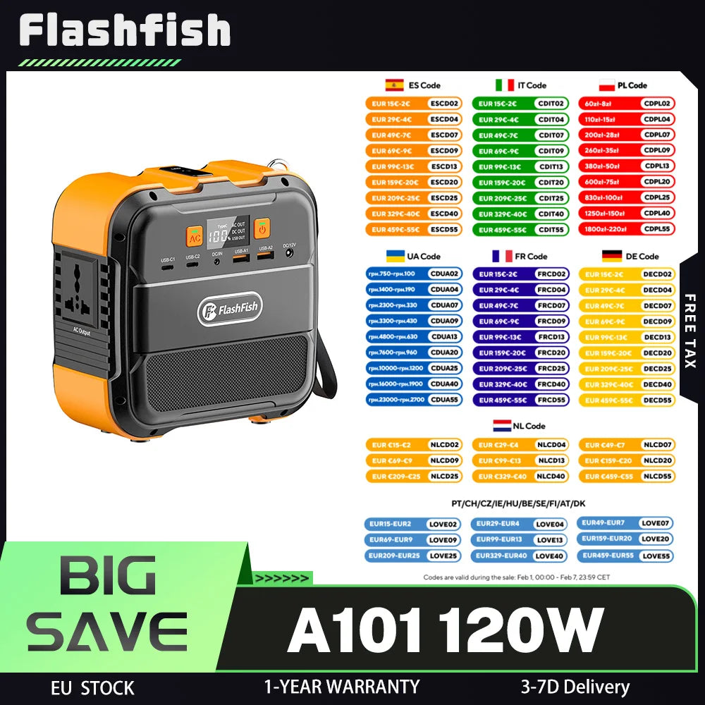 Flashfish A101 120W 98Wh 26400mAh Portable Power Station Backup Solar Generator for Outdoor Travel Camping Home SOS Flashlight