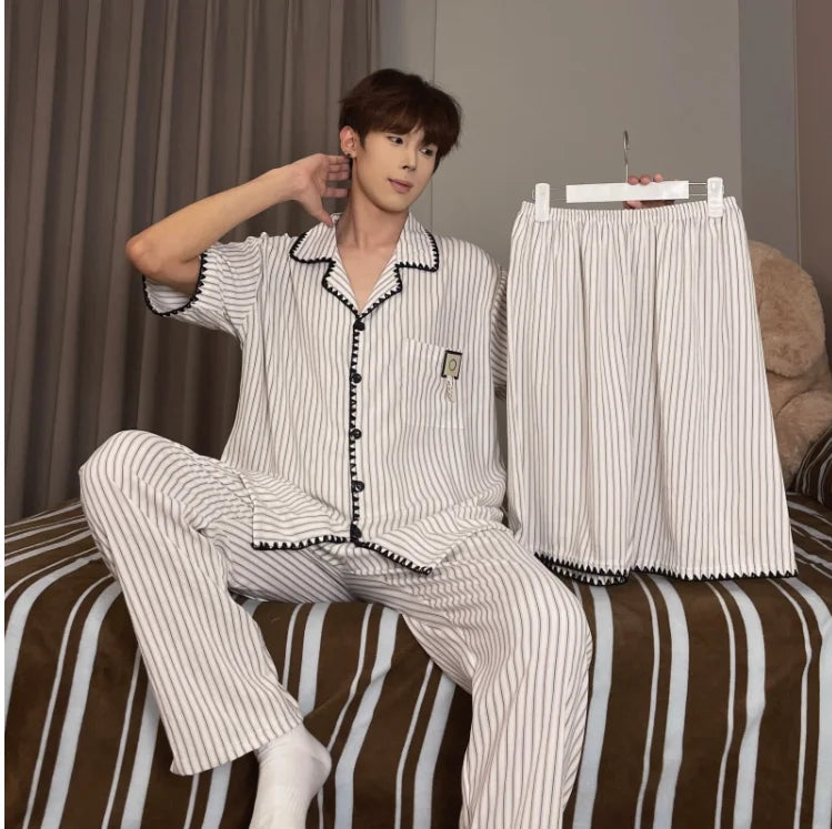 High Quality Khaki with Embroidered Dogs Couples Homewear Women's Pajamas Set Cute Casual Short-Sleeve 3 Piece Men Pajamas Set
