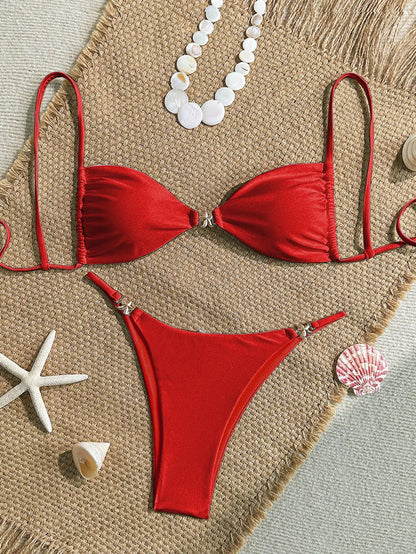 Sexy Solid Color Swimsuit Women' Swimwear 2026 New Bandeau Bikinis Rings Bikini Bandage Beachwear Two Piece Bathing Suit