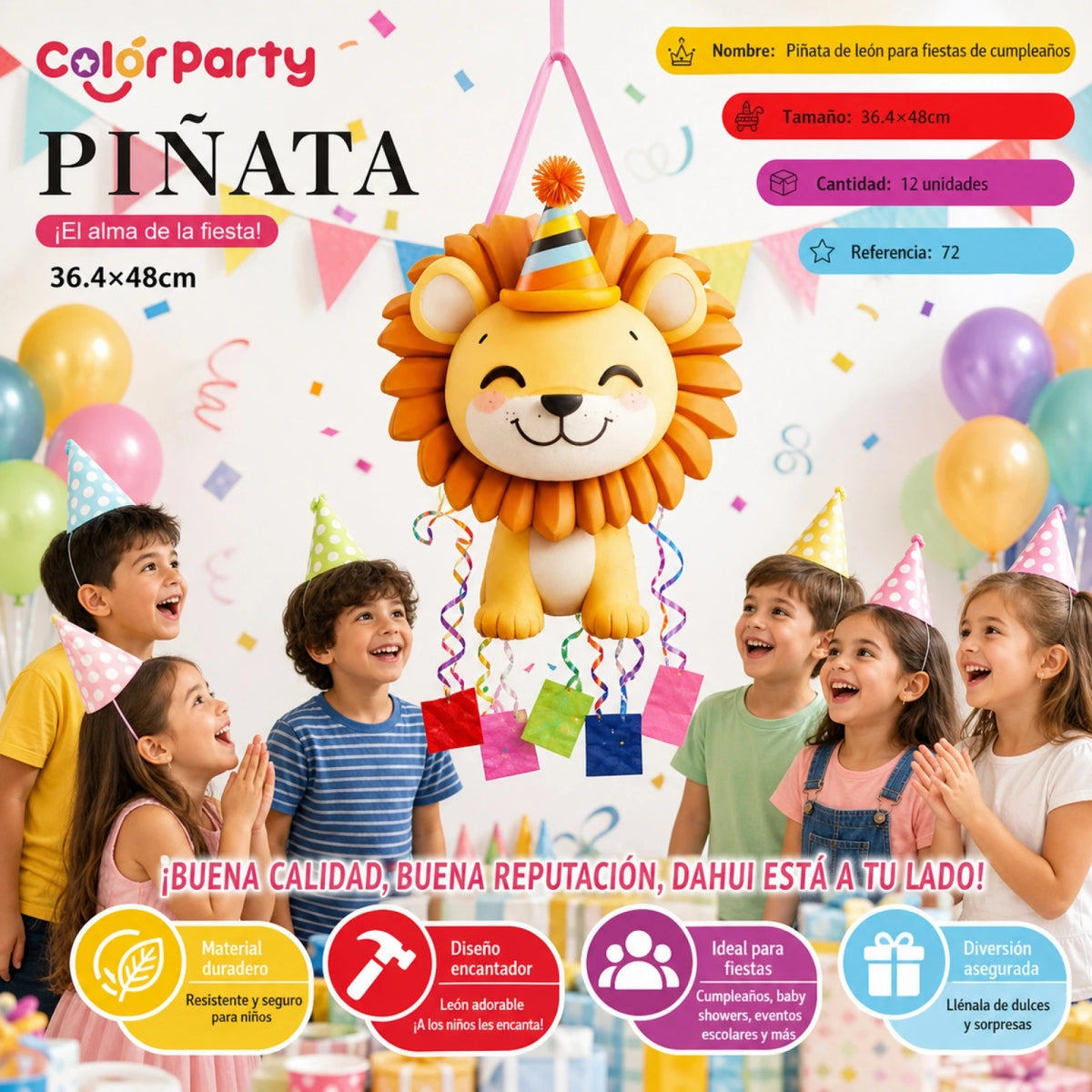Lejonpiñata med partyhatt och dragband – 48 × 36,4 cm