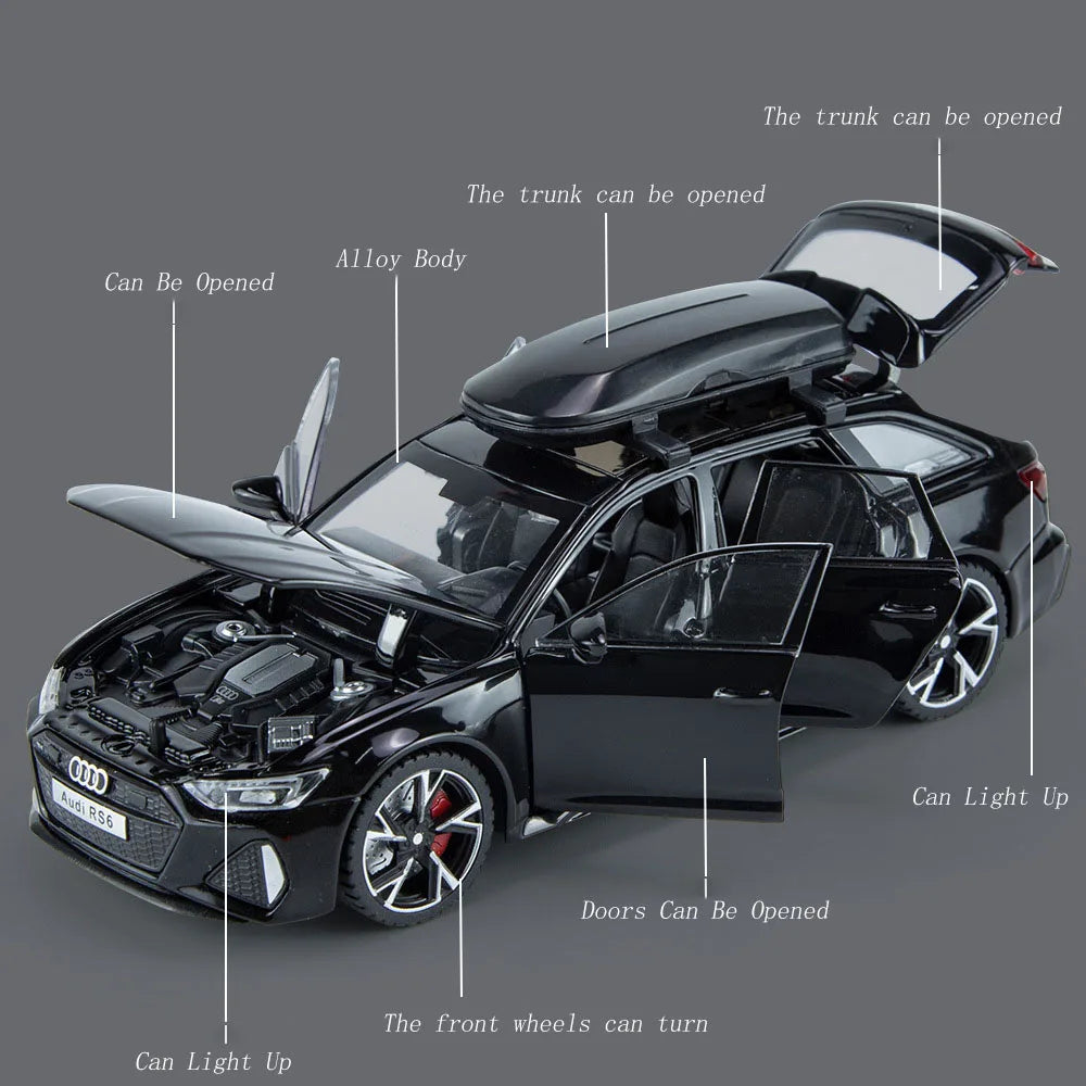 Audi RS6 Diecast Modellbil 1:32 – Ljud & Ljus 7 Dörrar öppnas Zinklegering CE Svart Grå Samlarmodell 2026