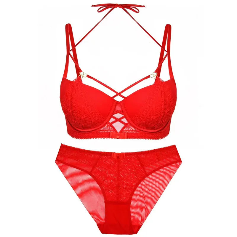 Women's Sexy Push up Lingerie Set French Lace Half Cup Bra with Garter Belt Summer Underwear Demi Bra Transparent