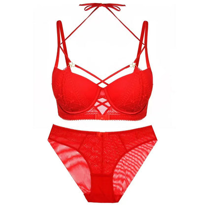Women's Sexy Push up Lingerie Set French Lace Half Cup Bra with Garter Belt Summer Underwear Demi Bra Transparent