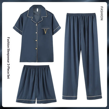 Fashion Summer Autumn 3 Piece Silk Men Pajamas Set Short Sleeve Shorts Oversize Homewear Lapel Collar Loungewear Pijamas for Man