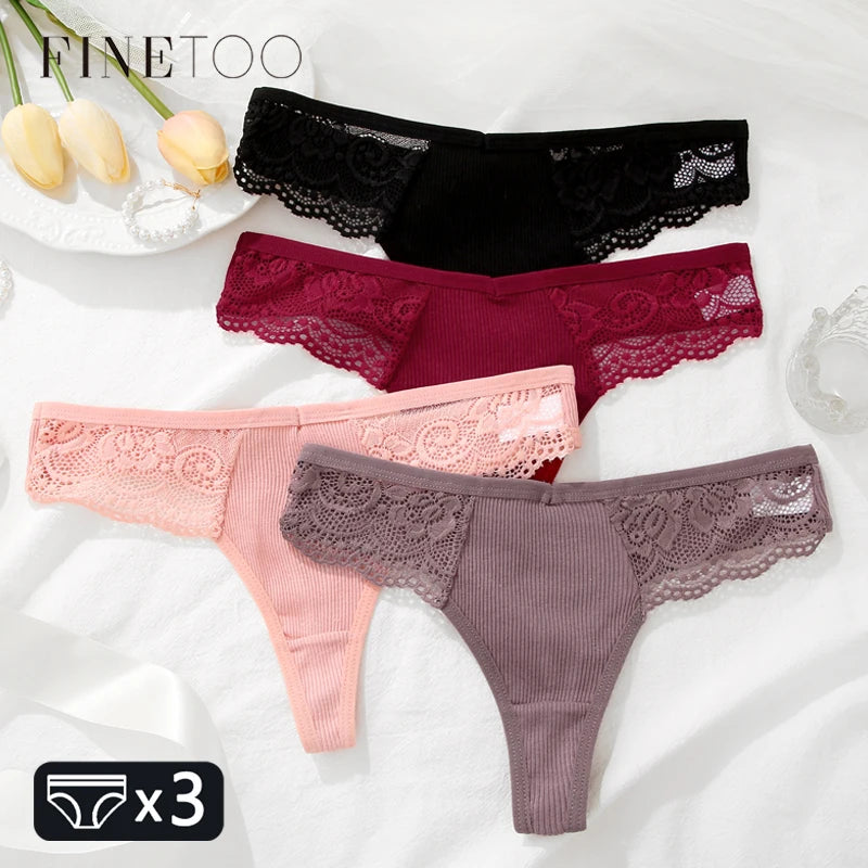 FINETOO 3-pack spetsstring i bomull med låg midja
