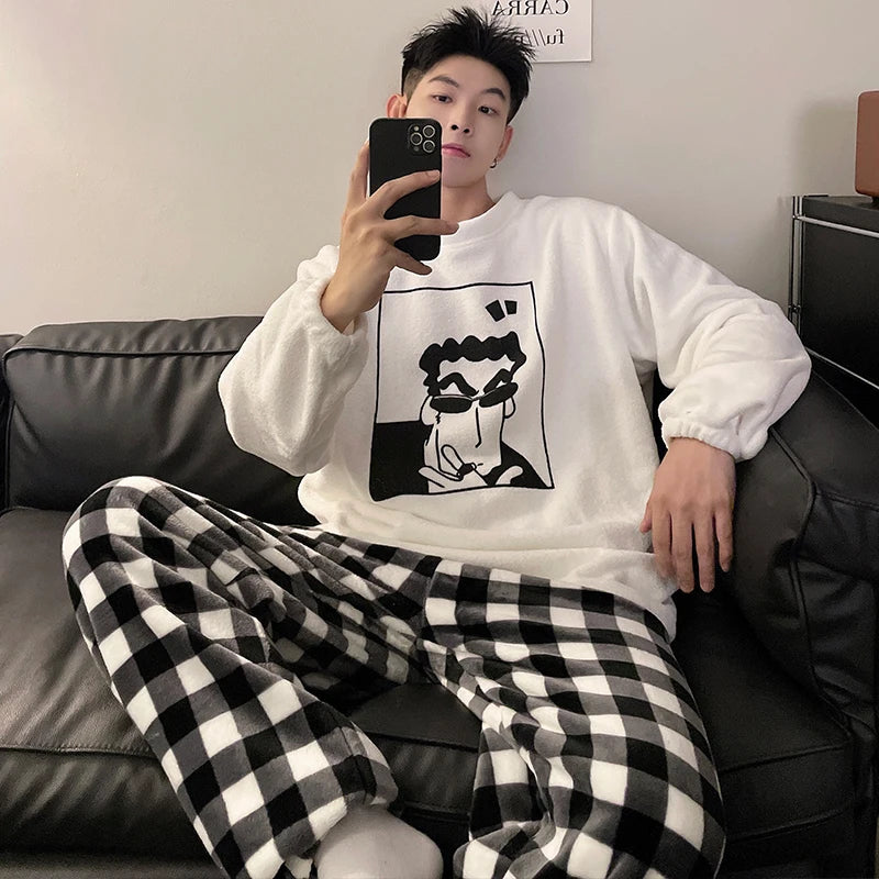 Kawaii Crayon Shin-Chan Couple Pajamas Set New Men's/women's Fashion Casual Pajama Plush Coral Fleece Winter Cartoon Homeclothes