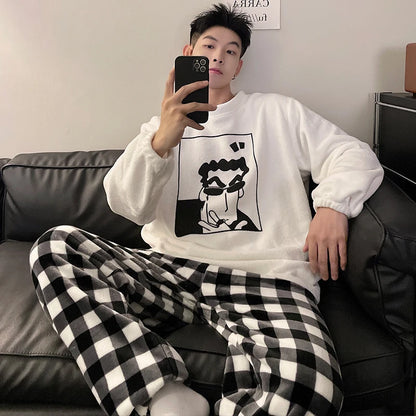 Kawaii Crayon Shin-Chan Couple Pajamas Set New Men's/women's Fashion Casual Pajama Plush Coral Fleece Winter Cartoon Homeclothes