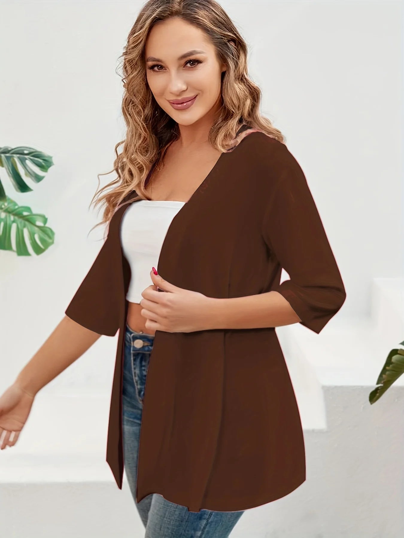 Dam Plus Size Elegant Kofta – Halvlång 3/4-ärm Hög Stretch Öppen Casual Höst/Vinter, 9 Färger XL–4XL