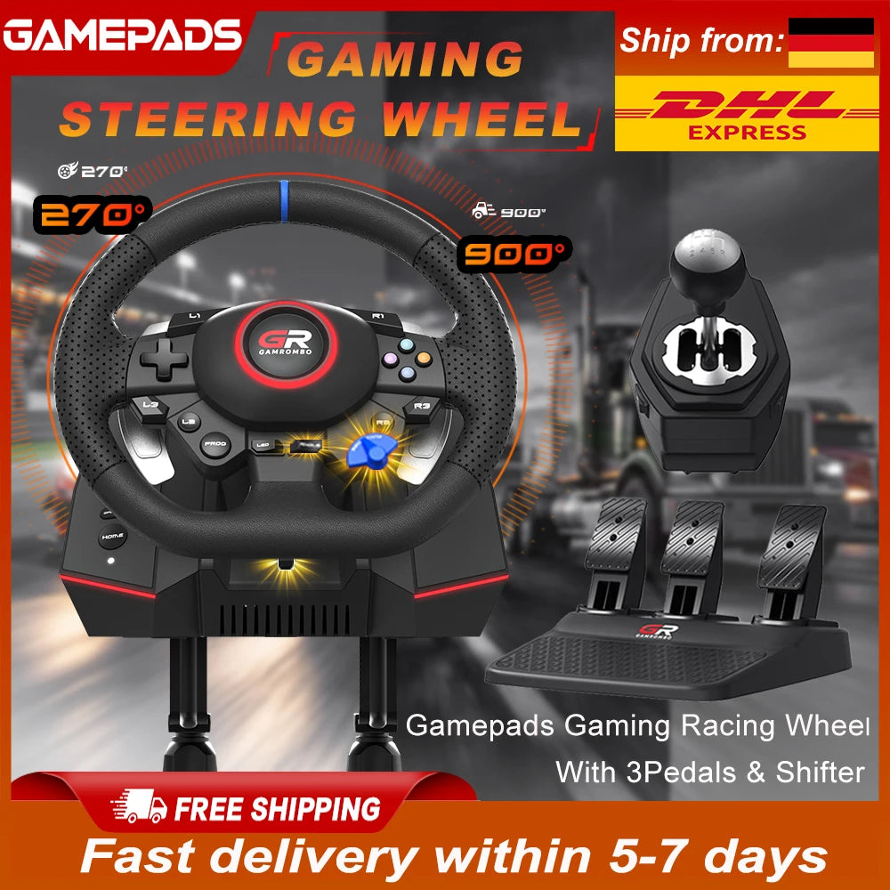 Racing Wheel Simulator For PS5/PS4/PC RGB Gaming Steering Wheel 270°&900° Volante Adjustment Macro Hall 3-Pedal Gear Lever Set