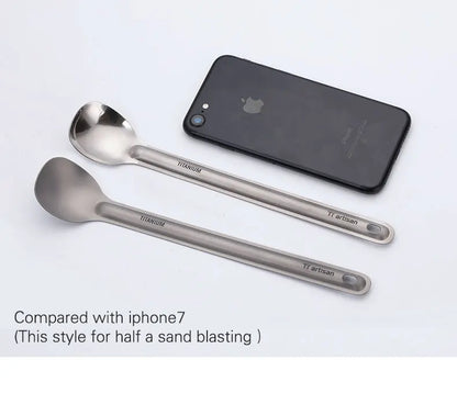 Tiartisan Titaniumsked & Spork – Ultralättviktig 15g, Långt Handtag, Frostad/Polerad, Camping