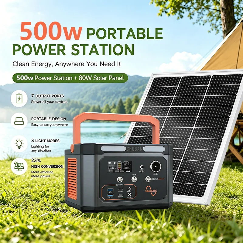 Portable Power Station 500W Optional 80W Rigid Solar Panel with 5m Extension Cable Outdoor Solar Generator for Camping RV Emergency Backup Power