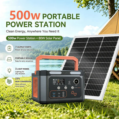 Portable Power Station 500W Optional 80W Rigid Solar Panel with 5m Extension Cable Outdoor Solar Generator for Camping RV Emergency Backup Power