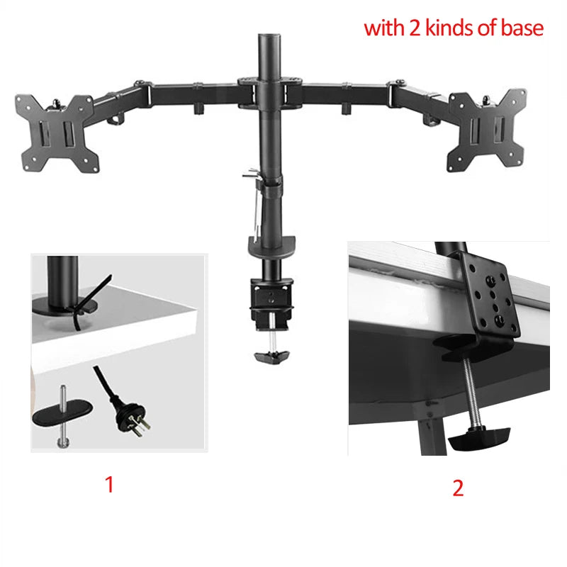 DL-MS02 Desktop Stand Full Motion 360 Degree Steel Dual Monitor Holder 10'-27' Clamp Base Monitor Mount Arm Loading 9.9kgs