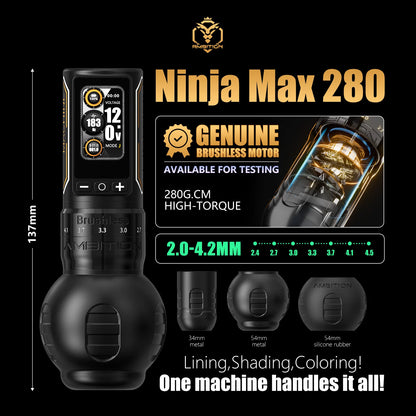 Ambition Ninja Max 280 Wireless Tattoo Machine Pen Full Kit Adjustable Stroke Brushless Motor 20pcs Mixed Needle 10 Inks Set