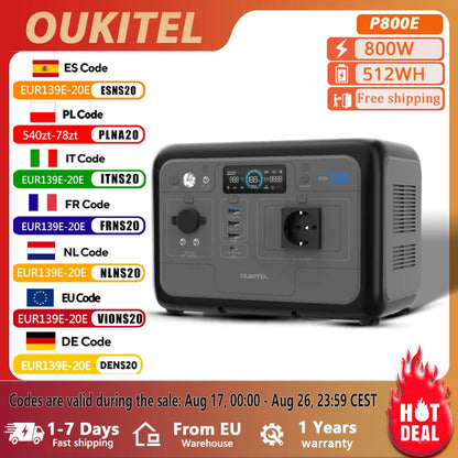 OUKITEL P800E Portable Power Station 800W 512Wh LiFePO4 Battery Solar Generator, Home Backup&Outdoor Camping Mobile Power Supply