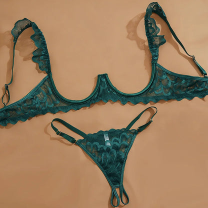 Toucheart 2 Piece Set Sexy Interesting Underwear Set for Women Solid Color Lace Mesh See-through Bra Exotic Sexy Lingerie Set