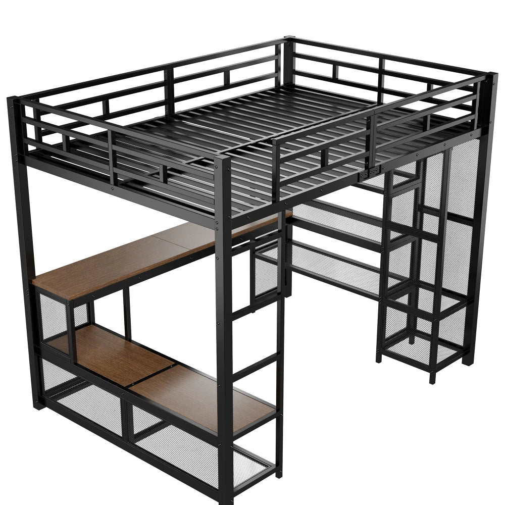 140x200cm Metal High Bed with Storage and Open Wardrobe, Kids Bedroom Bed with USB Connector and LED Lighting, Black/white