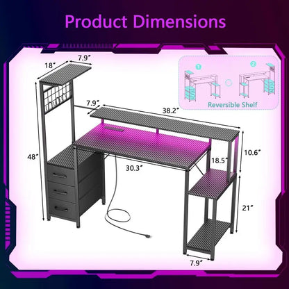 48 Inch Gaming Desk with LED Lights Power Outlets,Computer Desk with Fabric Drawers Side Hook,Reversible Gamer Table