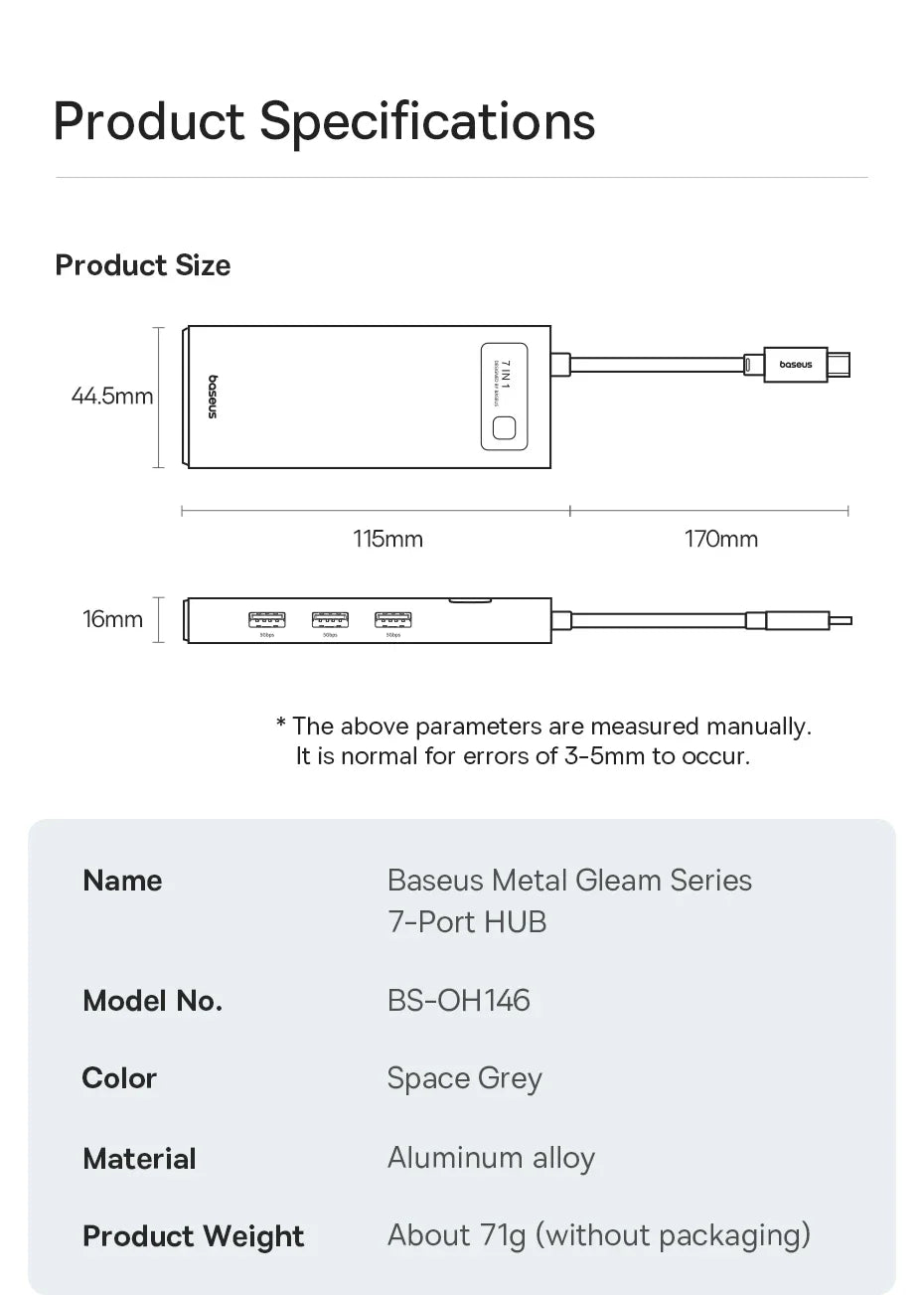 Baseus 7-in-1 Gen 2 USB C HUB 4K@60Hz HDMI 3* USB 3.0 PD 100W Type C Port SD/TF Card Reader for Macbook iPad M2 M1 Steam Deck
