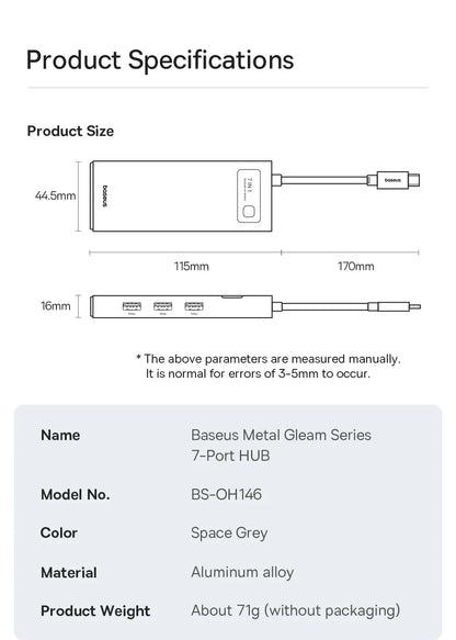 Baseus 7-in-1 Gen 2 USB C HUB 4K@60Hz HDMI 3* USB 3.0 PD 100W Type C Port SD/TF Card Reader for Macbook iPad M2 M1 Steam Deck