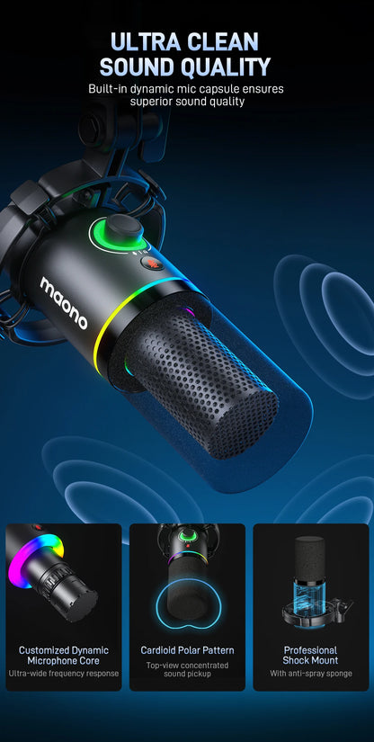 MAONO PD200XS USB/XLR Dynamic Microphone with Shock Mount Boom Arm Stand Maonolink Gain Knob RGB Light for PC Gaming Recording