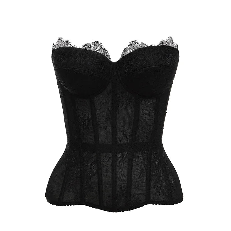 Sexy Women's Lace Fishbone Bandage Vest Black Slim Strapless Backless Female Corset 2026 Spring Summer Lady Beach Party Top New