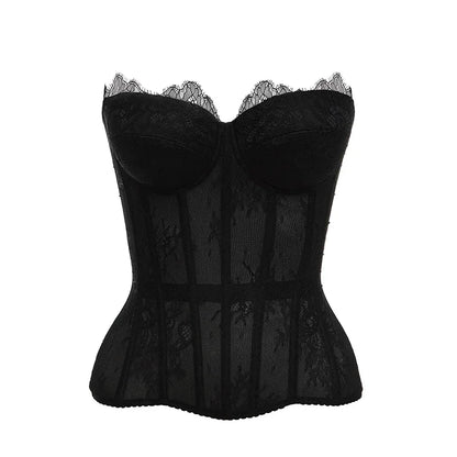 Sexy Women's Lace Fishbone Bandage Vest Black Slim Strapless Backless Female Corset 2026 Spring Summer Lady Beach Party Top New