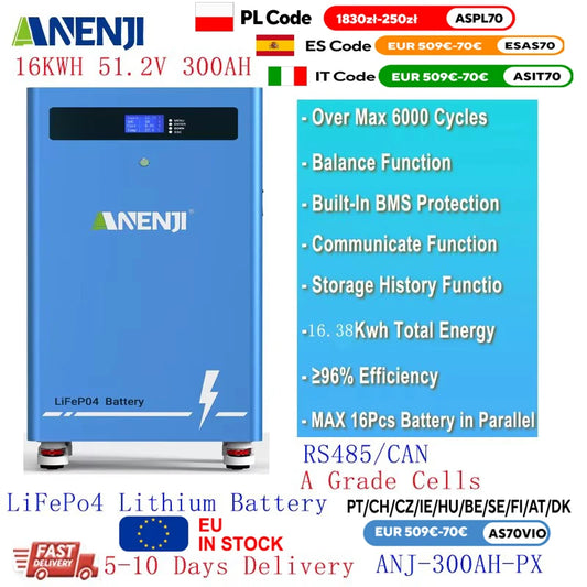ANENJI LiFePO4 Batteripack 48V/51,2V – 5kWh (100Ah) eller 15kWh (300Ah), Bluetooth+CAN/RS485, ≥96%, >6000 Cykler, Upp till 15 Parallella, EU-lager (Polen)