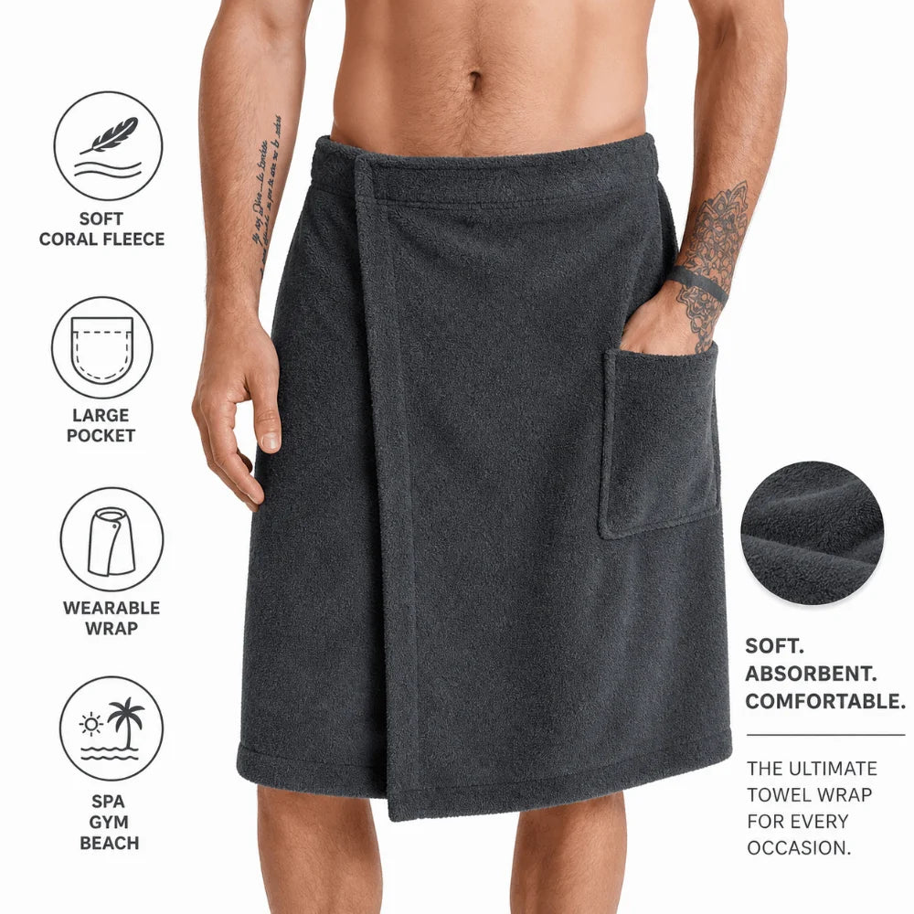 Soft Men Wearable Bath Towel Adjustable Fastener with Pocket Bath Wrap Skirt Comfortable Absorbent Beach Towel Wrap Sauna