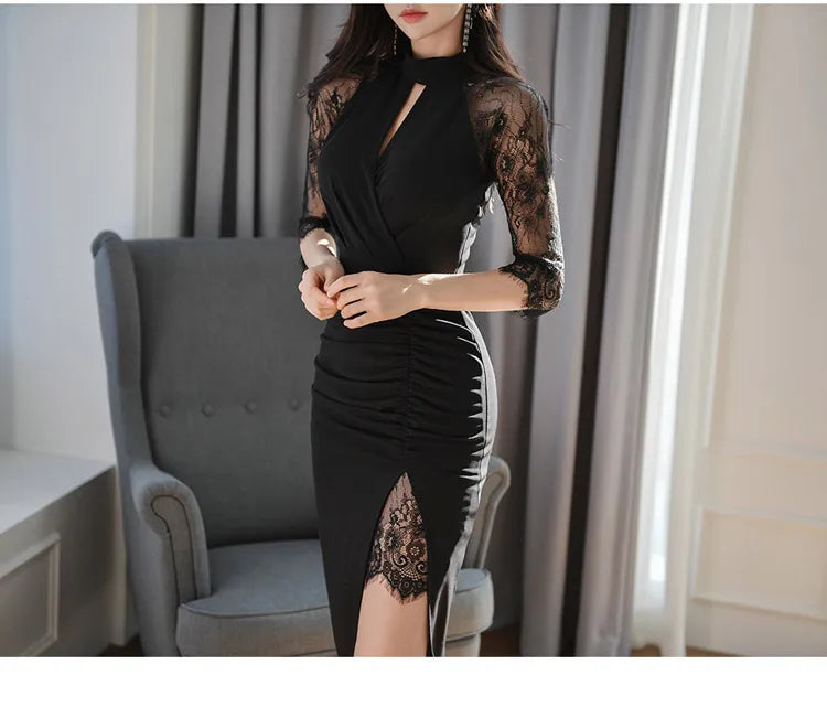 H Han Queen Hot Sale Elegant Fashion Lace Fold Split Pencil Dress Simple Series Dresses Women Korean Mid Office Casual Vestidos
