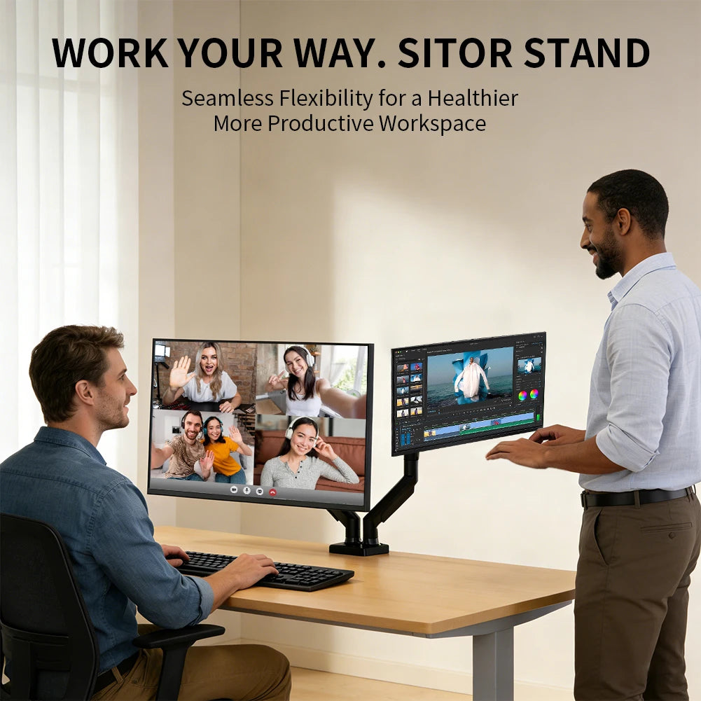 Dual Monitor Mount Stand for 13-32 Inch Screens, Fully Adjustable Double Monitor Bracket with 180° Swivel Tilt & 360° Rotation, Space Saving Desktop Screen Holder for Home Office Gaming Workstation