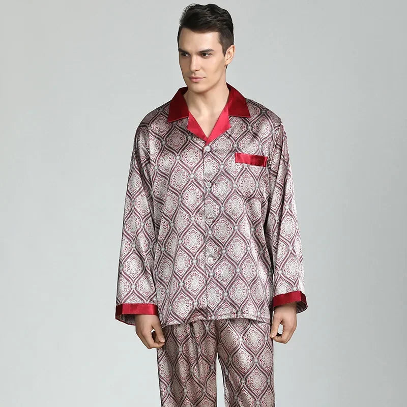 Herr Silk Satin Pyjamas 2-delad – Långärmad Topp & Byxor Tryckt Mönster, Svart/Röd/Marinblå