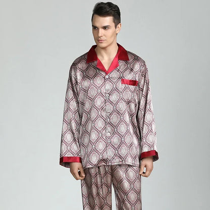 Herr Silk Satin Pyjamas 2-delad – Långärmad Topp & Byxor Tryckt Mönster, Svart/Röd/Marinblå