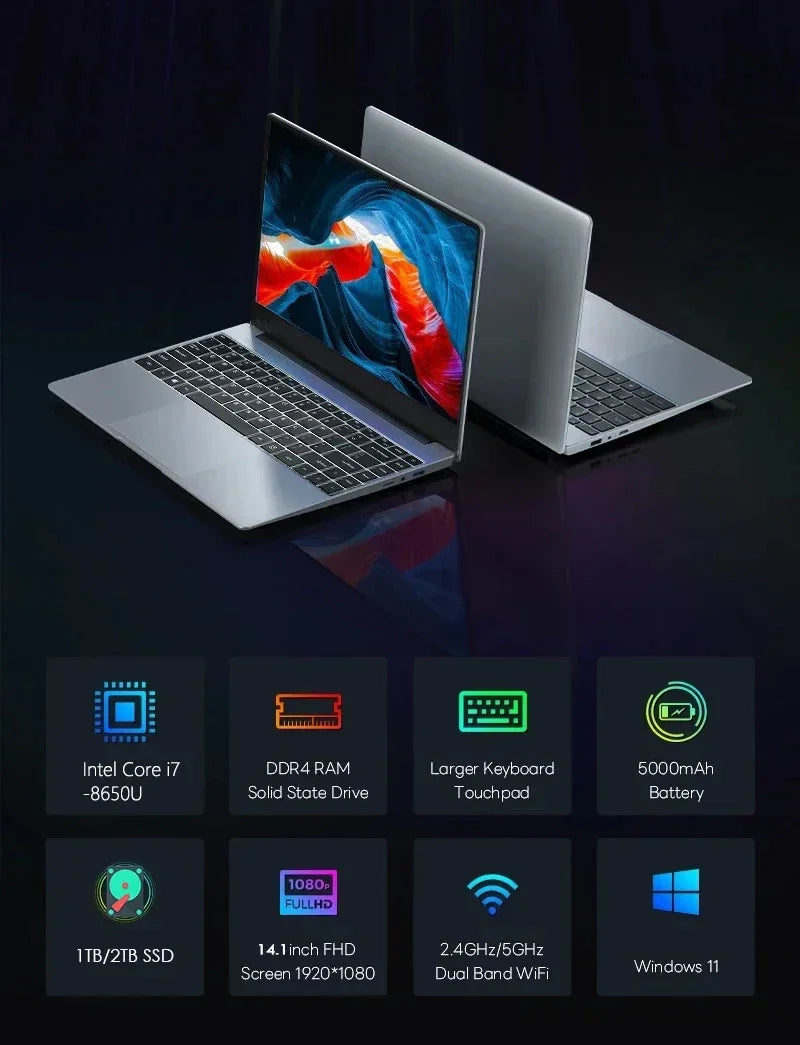 NEW 14.1" Portable Laptop Windows 11 32GB 2TB Gaming Computer PC Intel Core i7 8650U Gamer office Notebook 1920*1080 HD