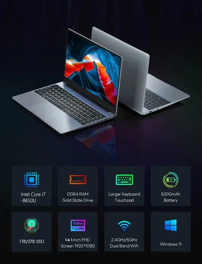 NEW 14.1" Portable Laptop Windows 11 32GB 2TB Gaming Computer PC Intel Core i7 8650U Gamer office Notebook 1920*1080 HD