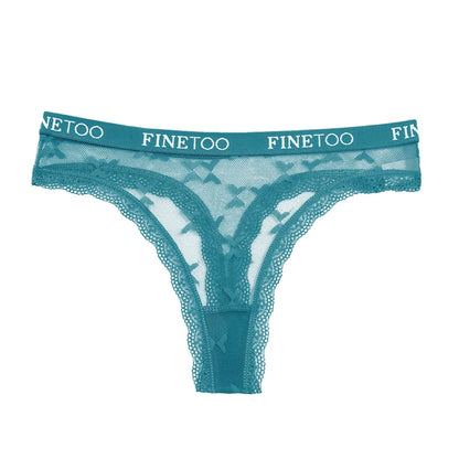 FINETOO Women Sexy Lace Low-Rise Thongs Letter Waist Transparent G-String Ladies Seamless Lingerie Hollow Out Perspective T-Back