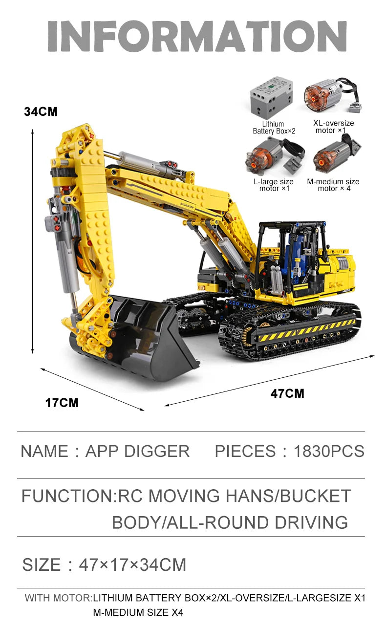 Mould King 13112 Technical Car Toys The MOC-2513 APP&RC Motorized Excavator Model Building Blocks Bricks Kids Christmas Gift