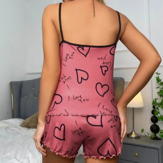 Dam Pyjamas Set Is-Silk – Röda Hjärtan, T-shirt & Shorts Sommar Loungewear
