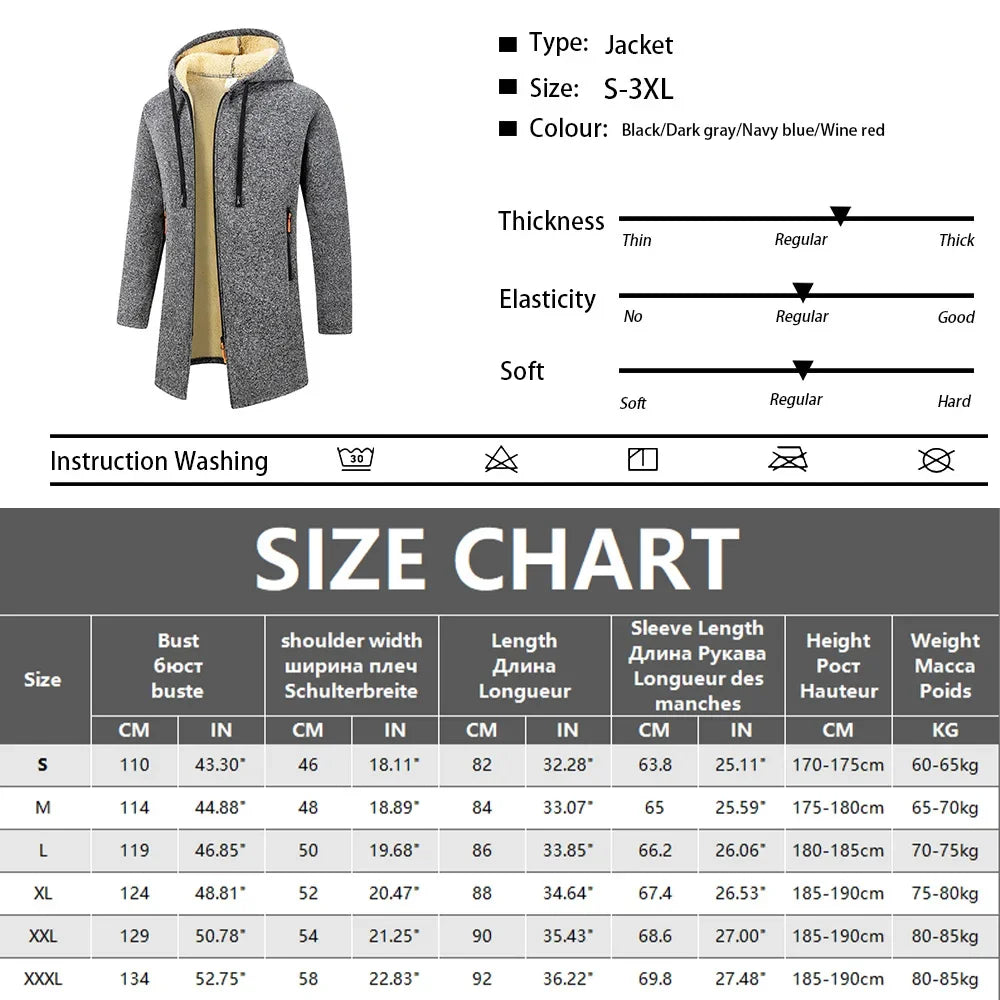 Herr Lång Vinterjacka med Fleece – Varm Vindskyddande Hoodie med Dragkedja, 4 Färger, Storlek S–XXXL
