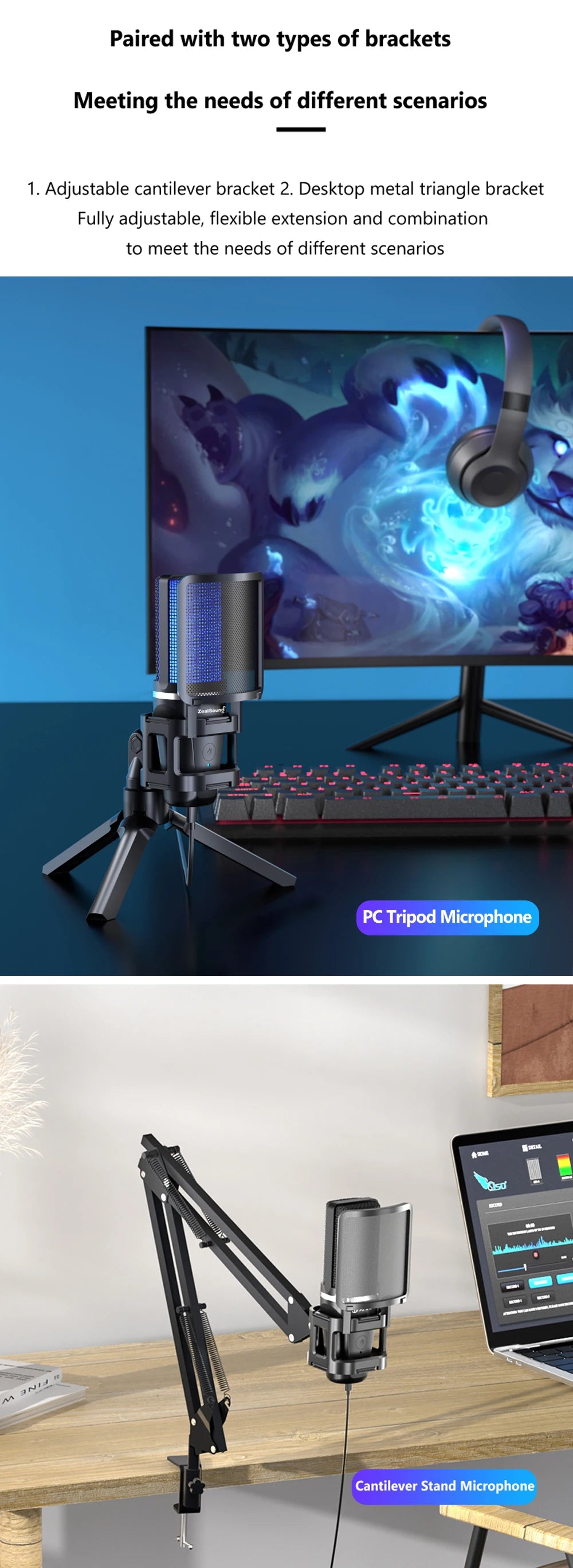 ZealSound A68S RGB USB-streamingmikrofon med boom arm och tripod