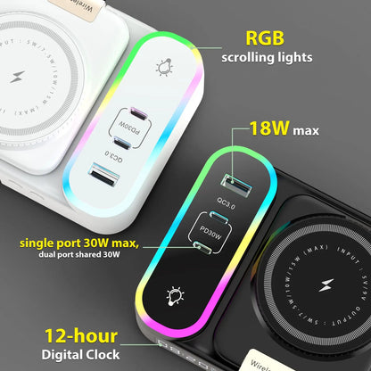 LYNXZ 8-i-1 Magnetisk Trådlös Laddstation 15W – RGB MagSafe PD30W USB-C iPhone AirPods Apple Watch Vit Svart