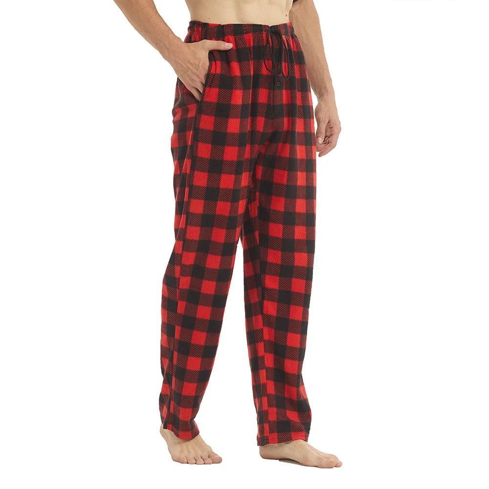 Herr Fleece Pyjamasbyxor – Mjuka Varma Rutiga med Fickor, 3 Färger M–XXL